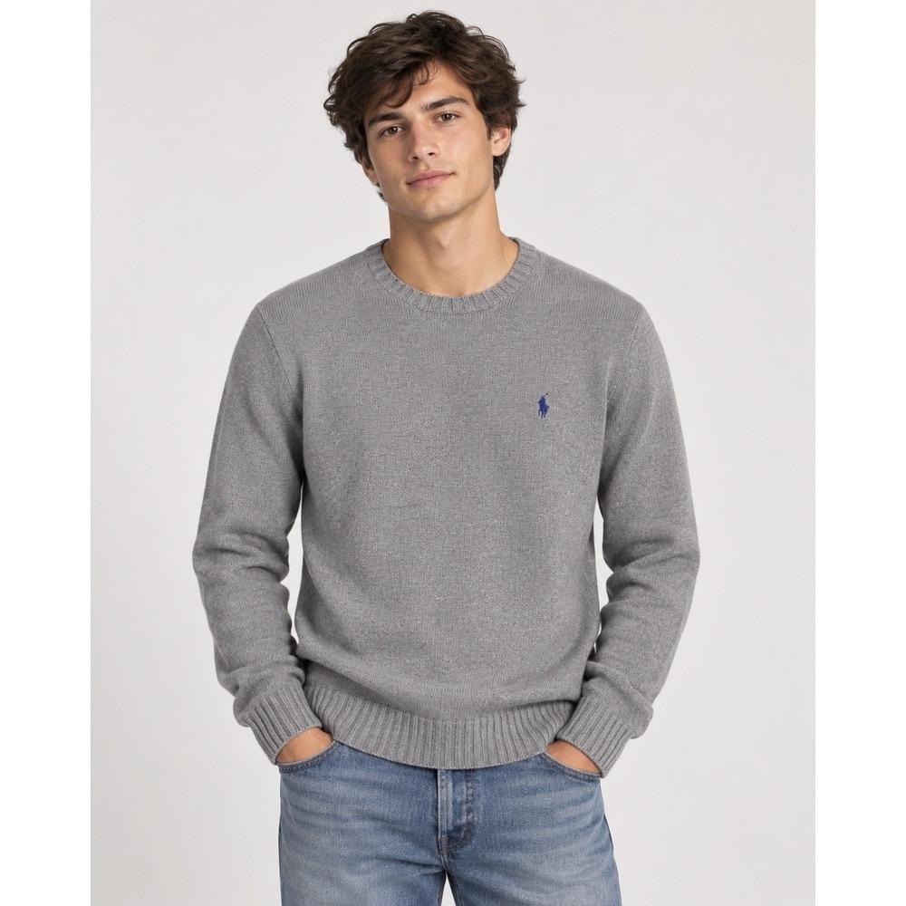 Polo Ralph Lauren Men's M Gray 100% Cotton Crewneck Sweater Blue Pony Logo